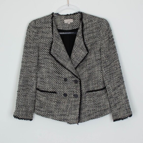 Loft Womens Double Breasted Tweed Blazer Size 0 Black White Preppy Office Work - Picture 1 of 10